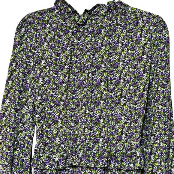 Les Reveries Ruffle Picnic Mini Floral 100% Silk Dress in Ditsy Purple Pansies - Picture 8 of 12
